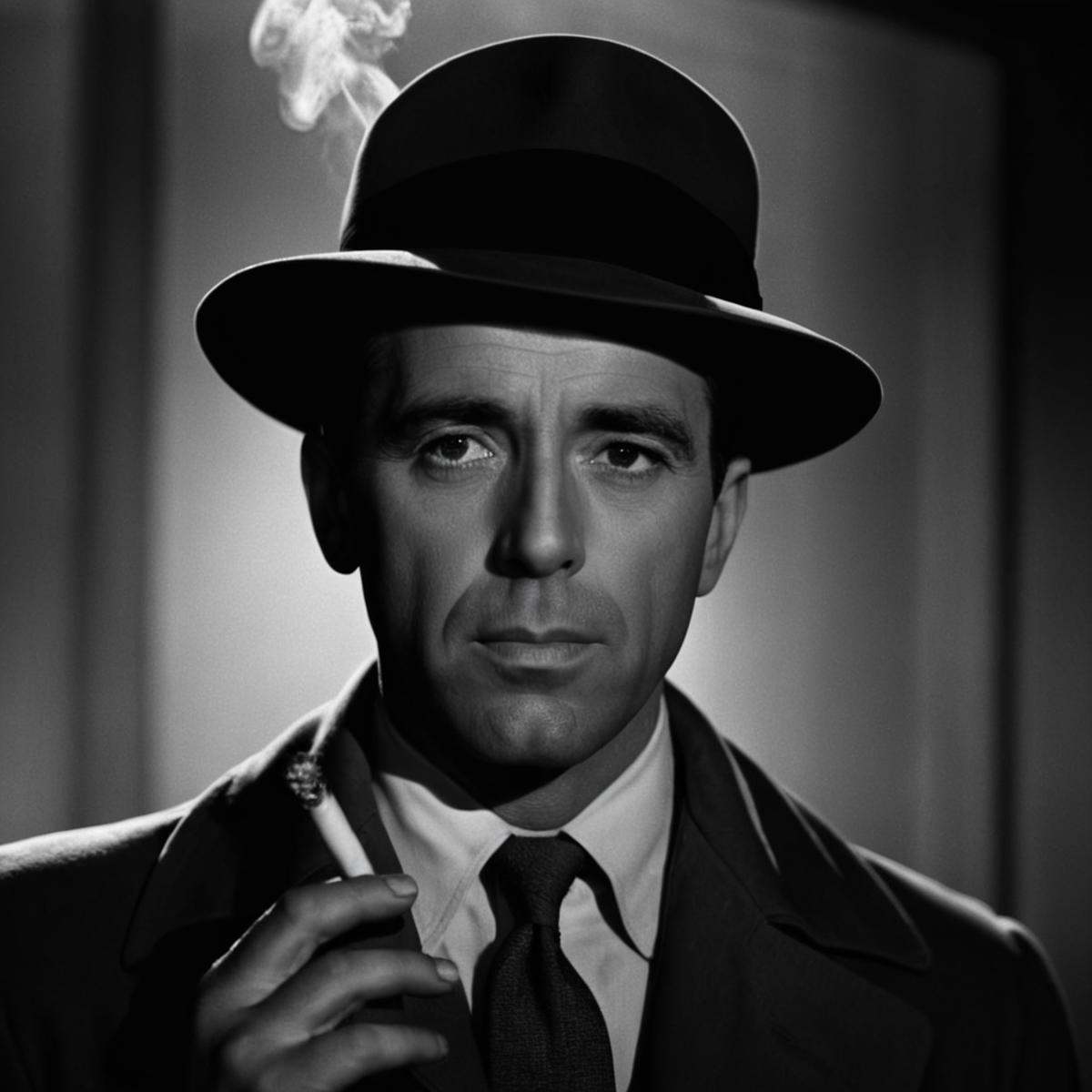 cinematic film still of In the 1940's Humphrey Bogart a man in a trench coat and hat smoking a cigarette,  solo,  looking...