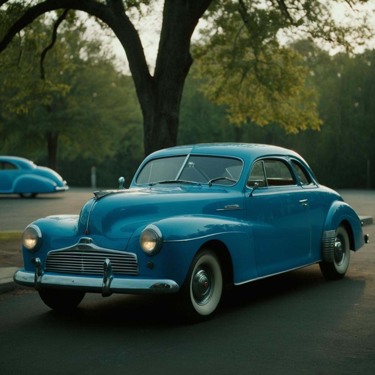 cinematic film still of In the 1940's a blue car parked in a parking lot,  outdoors,  tree on Tensor.Art