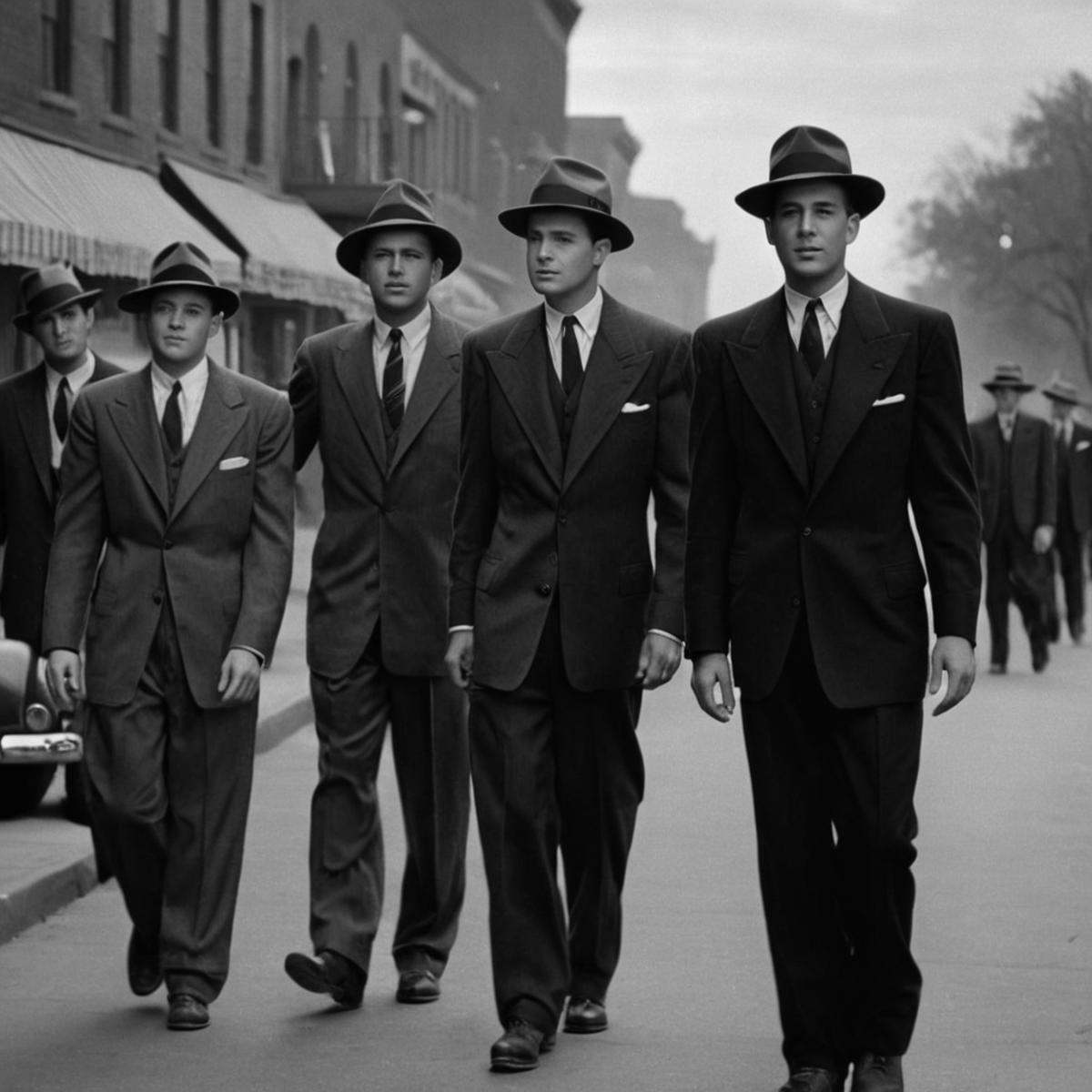 cinematic film still of In the 1940's a group of men in suits and hats are standing on a sidewalk,  shirt,  hat on Tensor.Art