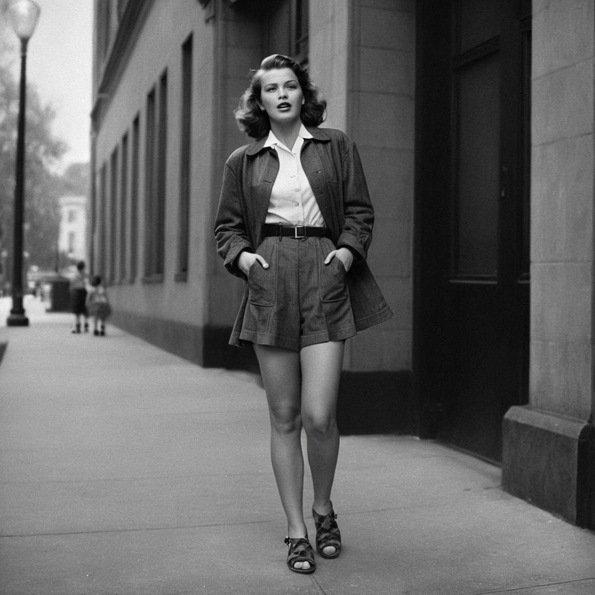 cinematic film still of In the 1940's a woman standing on a sidewalk in front of a building,  1girl,  solo on Tensor.Art