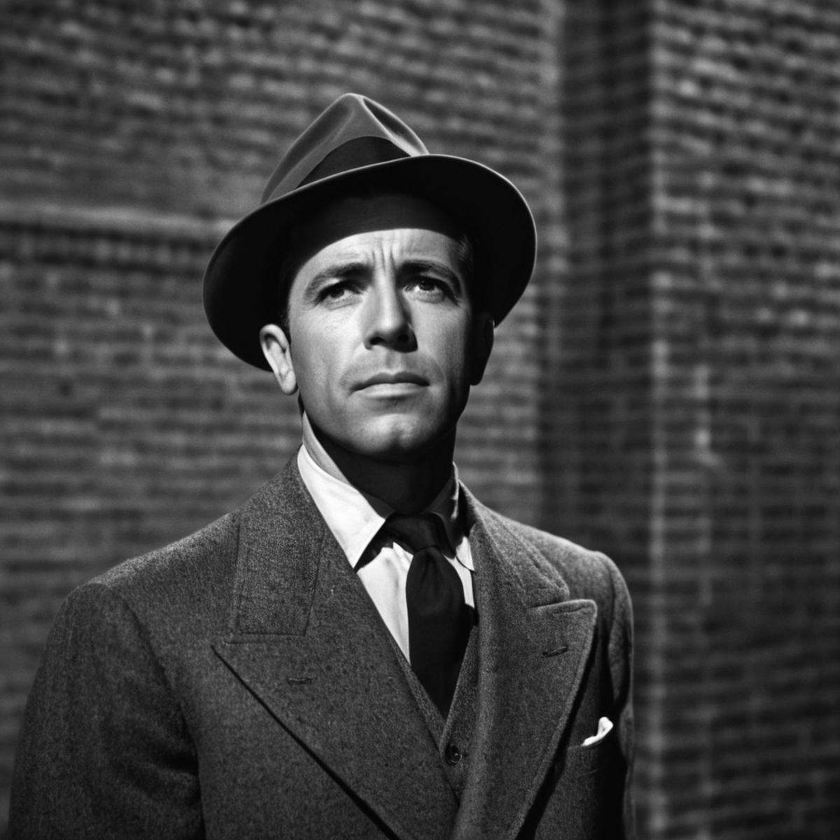 cinematic film still of In the 1940's Humphrey Bogart a man in a hat and coat standing in front of a brick wall,  solo,  s...