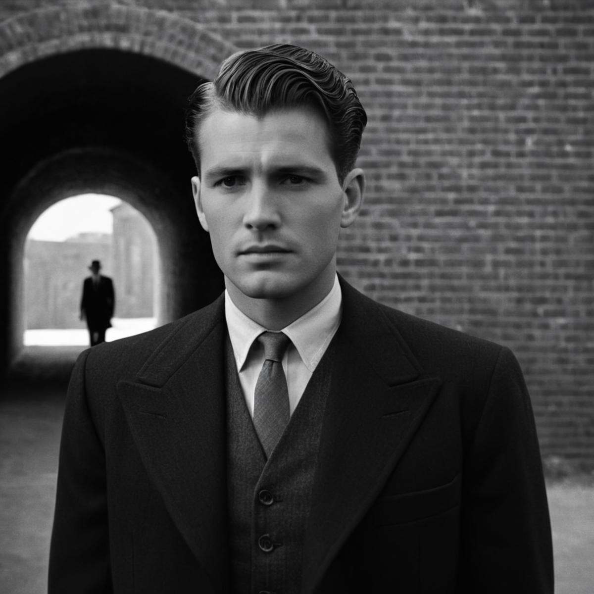 cinematic film still of In the 1940's a man in a suit and tie standing in front of a brick wall with a tunnel in backgroun...