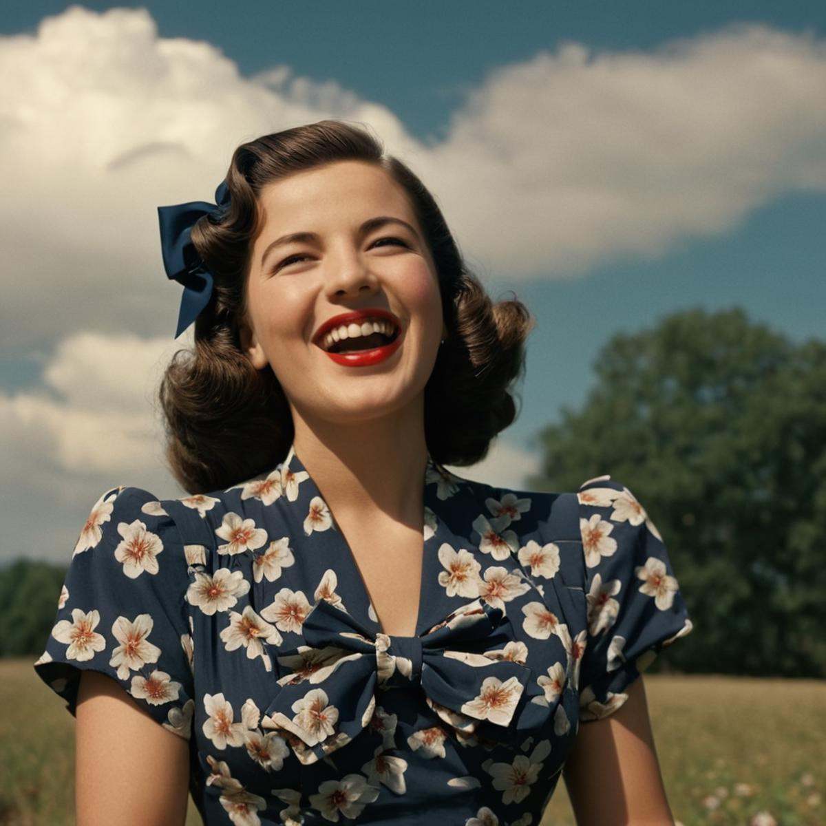 cinematic film still of In the 1940's a woman in a floral dress posing for a picture,  1girl,  solo on Tensor.Art