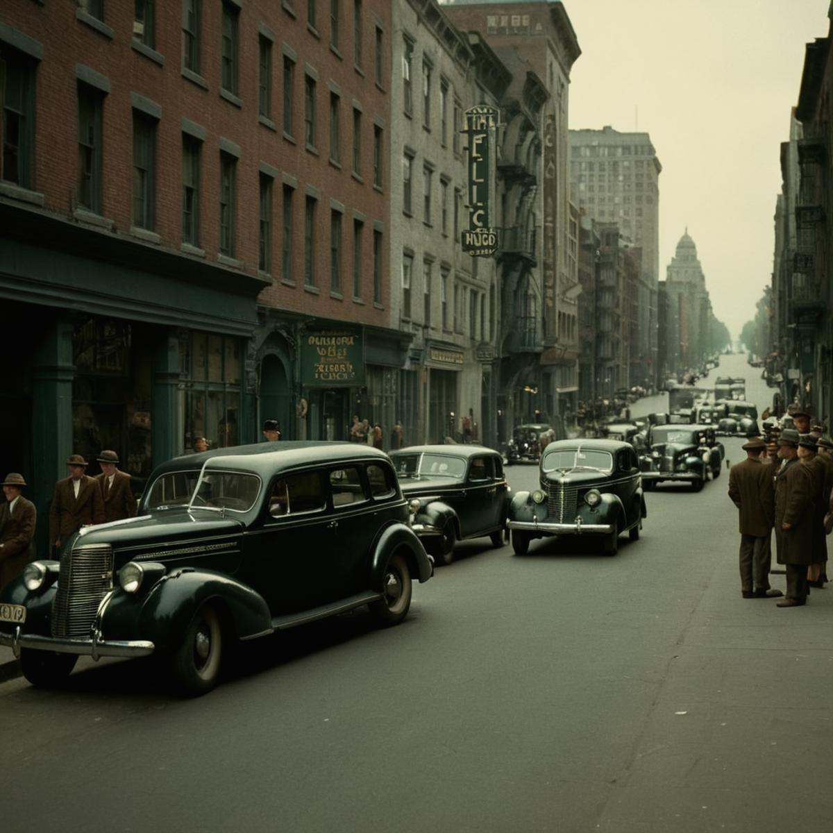 cinematic film still of In the 1940's a busy city street with old cars and people,  outdoors,  multiple boys on Tensor.Art