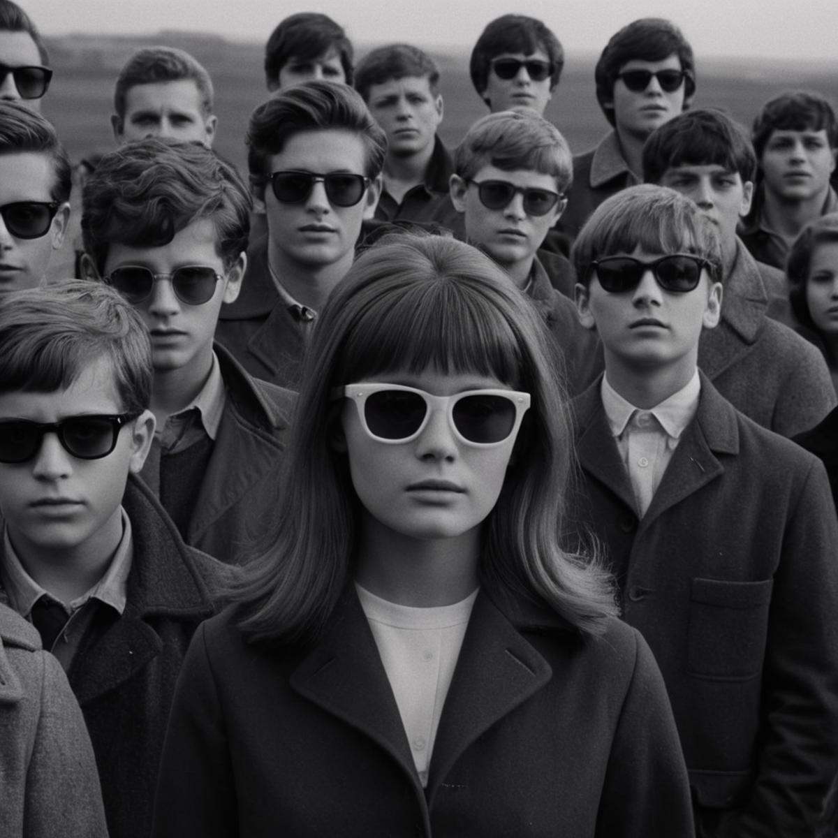 cinematic film still of From below,  In the 1960's a group of people standing next to each other,  1girl on Tensor.Art