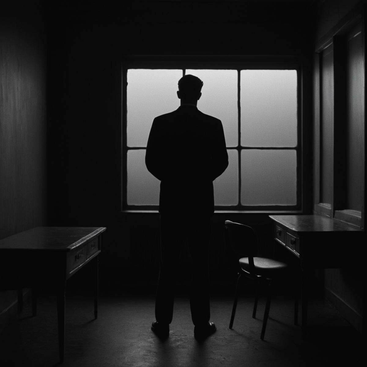 cinematic film still of In the 1960's a man standing in a dark room with a window,  sitting,  monochrome on Tensor.Art