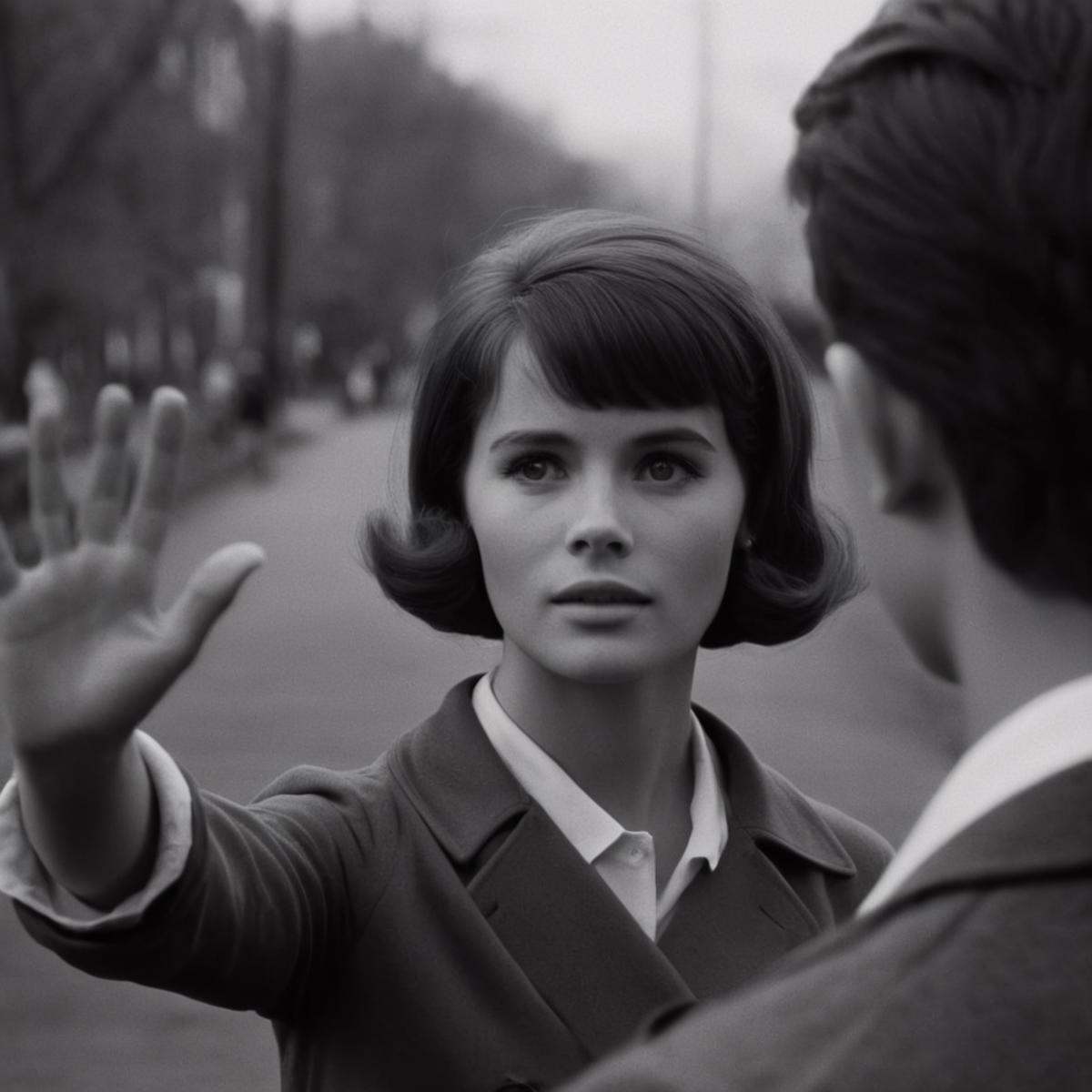 cinematic film still of In the 1960's a woman is holding her hand up to the camera,  1girl,  solo on Tensor.Art