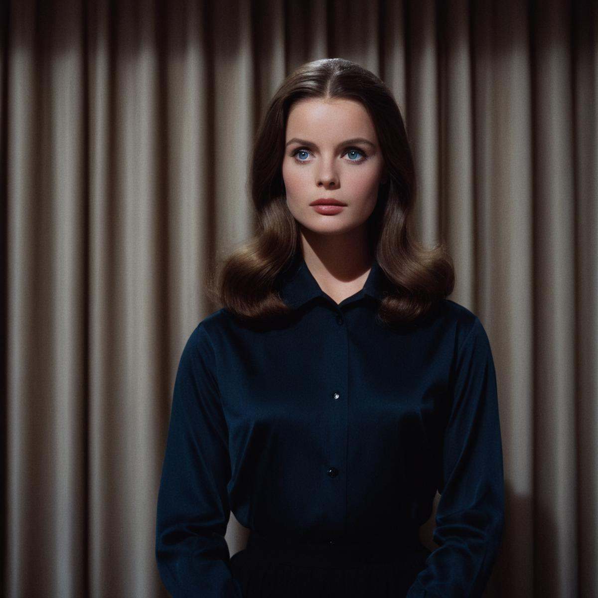 cinematic film still of In the 1960's a woman in a black shirt standing in front of a curtain,  1girl,  solo on Tensor.Art