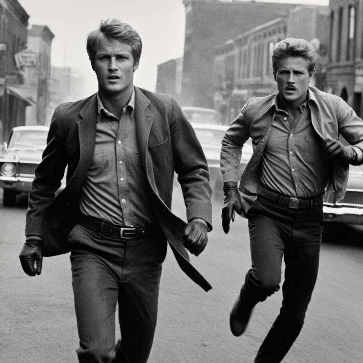 analog film photo of In the 1960's butch cassidy and the sundance kid running down a street,  short hair,  shirt on Tensor...
