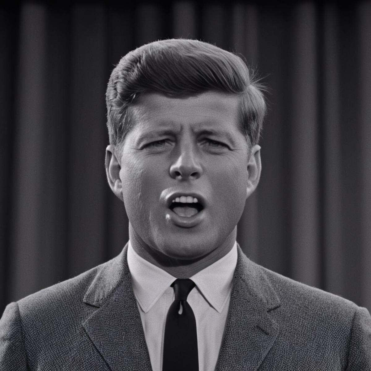 cinematic film still of In the 1960's john f kennedy a man in a suit and tie speaking into a microphone,  open mouth,  shi...