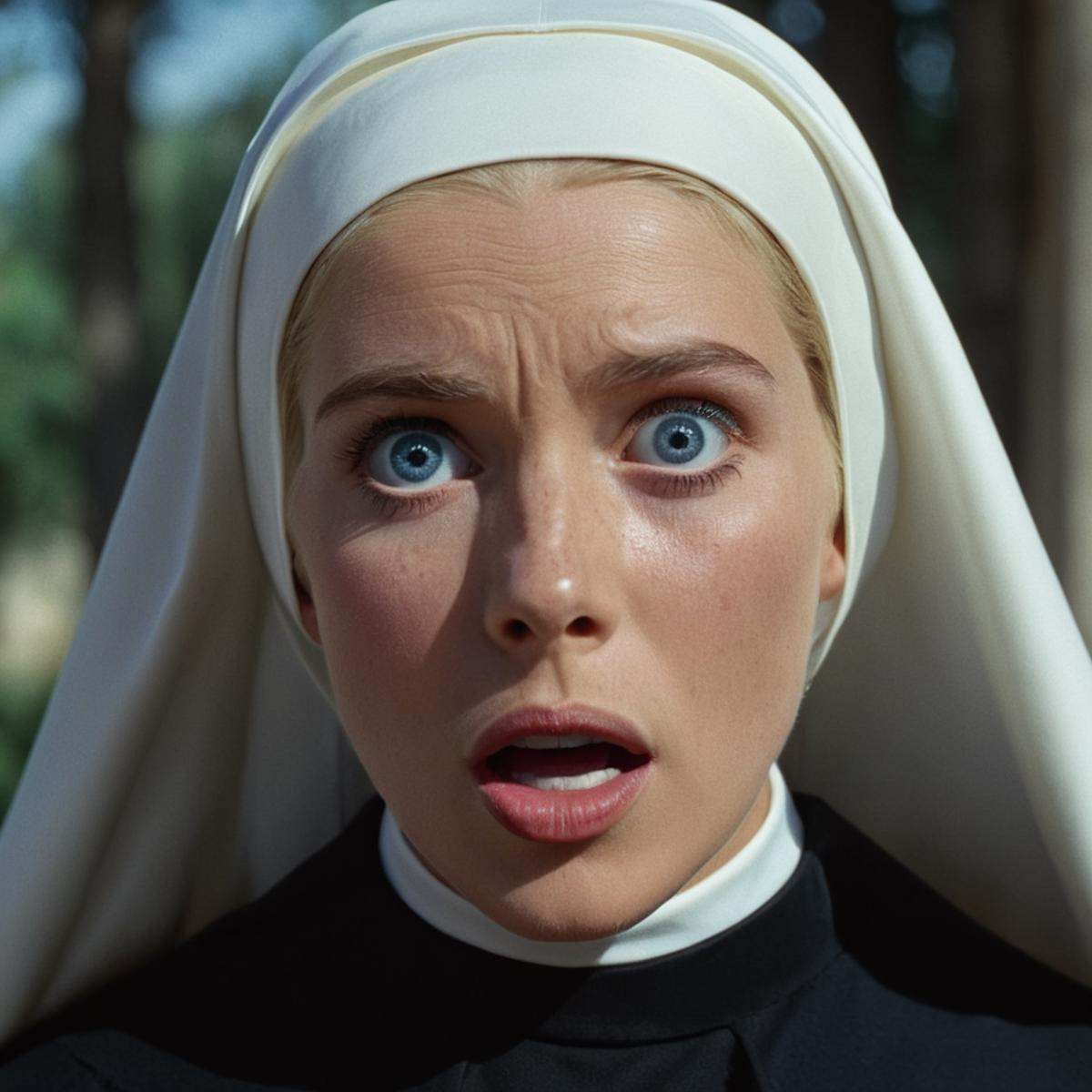 cinematic film still of In the 1960's a surprised woman in a nun outfit looks surprised,  1girl,  solo on Tensor.Art