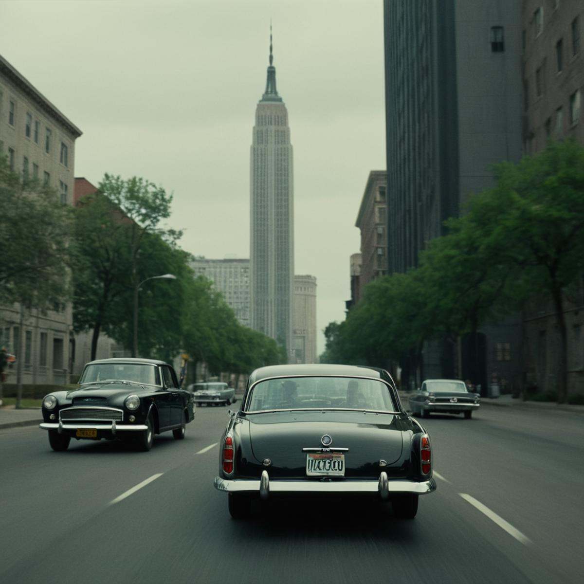 cinematic film still of In the 1960's a black car driving down a street next to a tall building,  outdoors,  tree on Tenso...