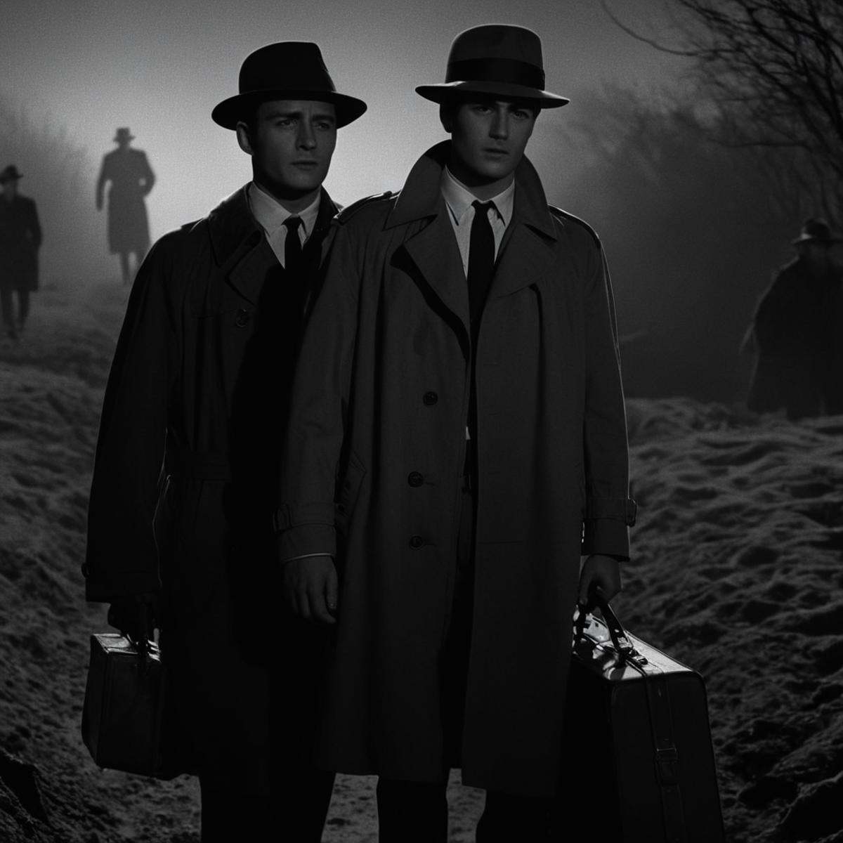 cinematic film still of In the 1960's a man covered in shadows in a trench coat and hat is standing next to another man fr...