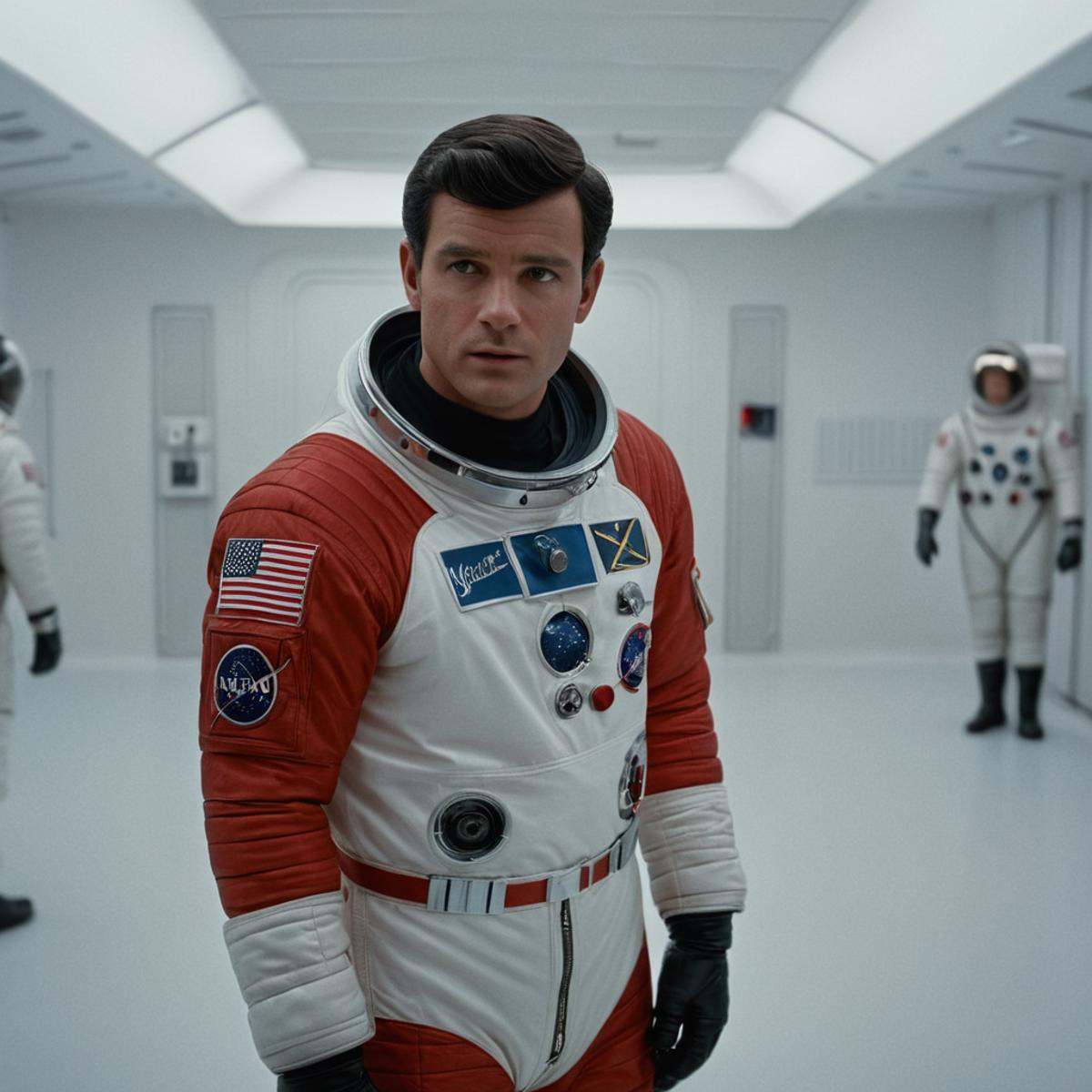 cinematic film still of In the 1960's a man in a red space suit standing in a white room,  solo,  looking at viewer on Ten...