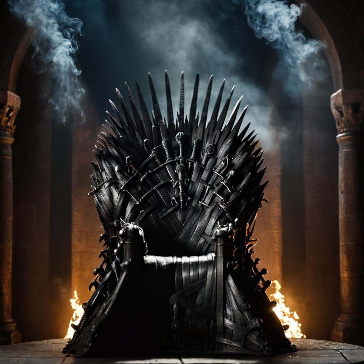 cinematic film still of In medieval times weapons a large iron throne sitting on top of a table in smoke,  solo,  armor on...