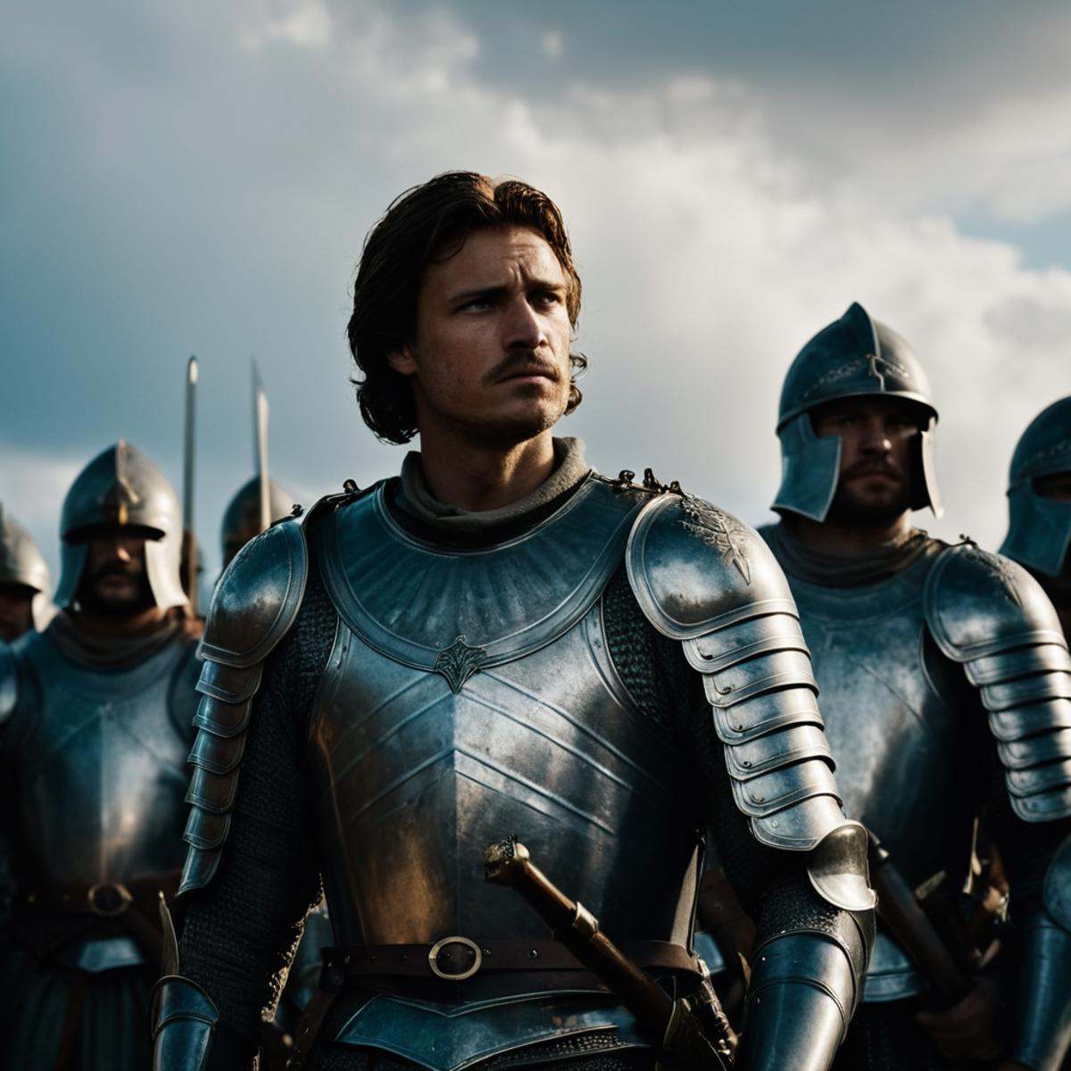 cinematic film still of In medieval times war a group of men in armor standing next to each other,  weapon,  male focus on...