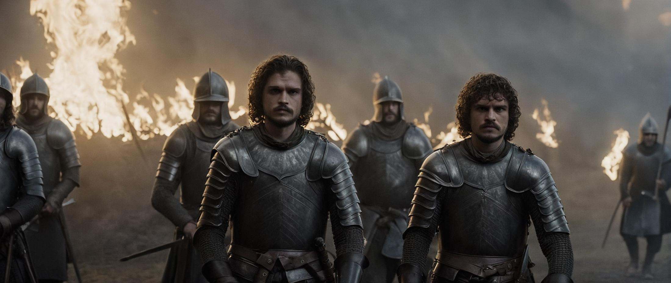 cinematic film still of Film Grain style Chiaroscuro Lighting styleIn medieval times war a group of men walking in front o...