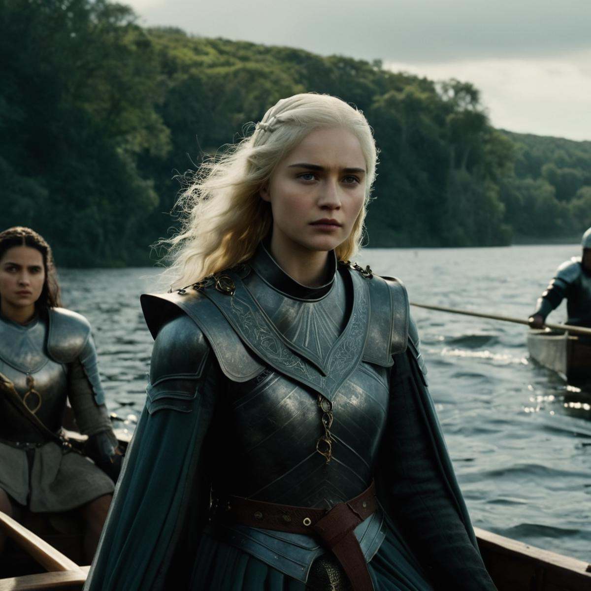 cinematic film still of In medieval times a group of people in a boat on a lake,  1girl,  looking at viewer on Tensor.Art