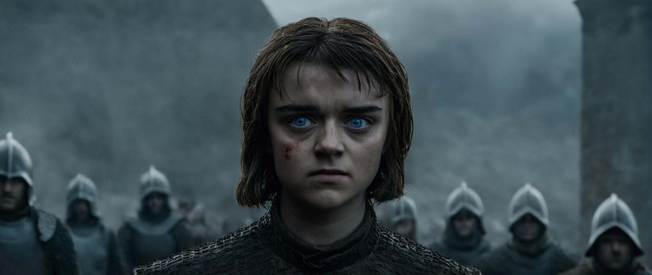 cinematic film still of Film Grain style Chiaroscuro Lighting styleIn medieval times Maisie Williams Arya Stark a woman wi...