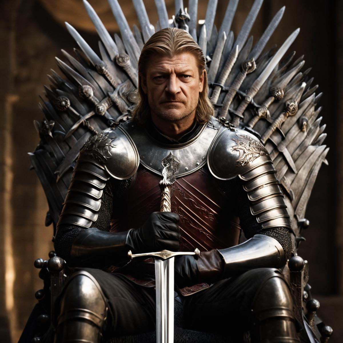 cinematic film still of In medieval times Sean Bean Eddard Ned Stark a man sitting on a throne with a sword,  solo,  blond...