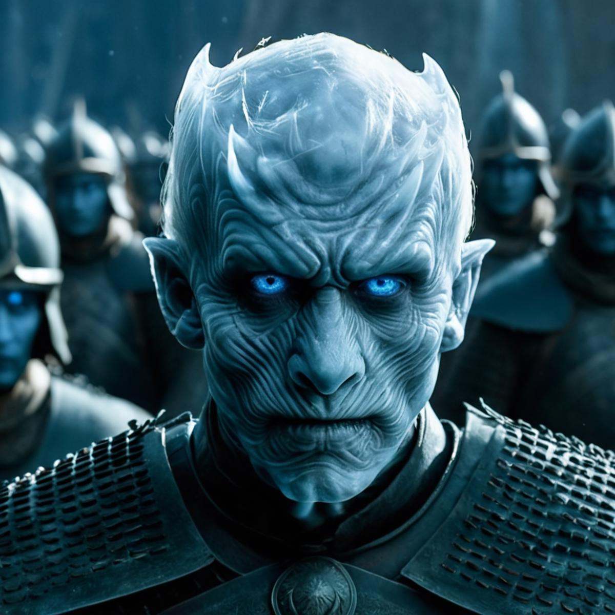 cinematic film still of In medieval times Night King White Walker a frozen man with a sword in a crowd of people,  solo,...