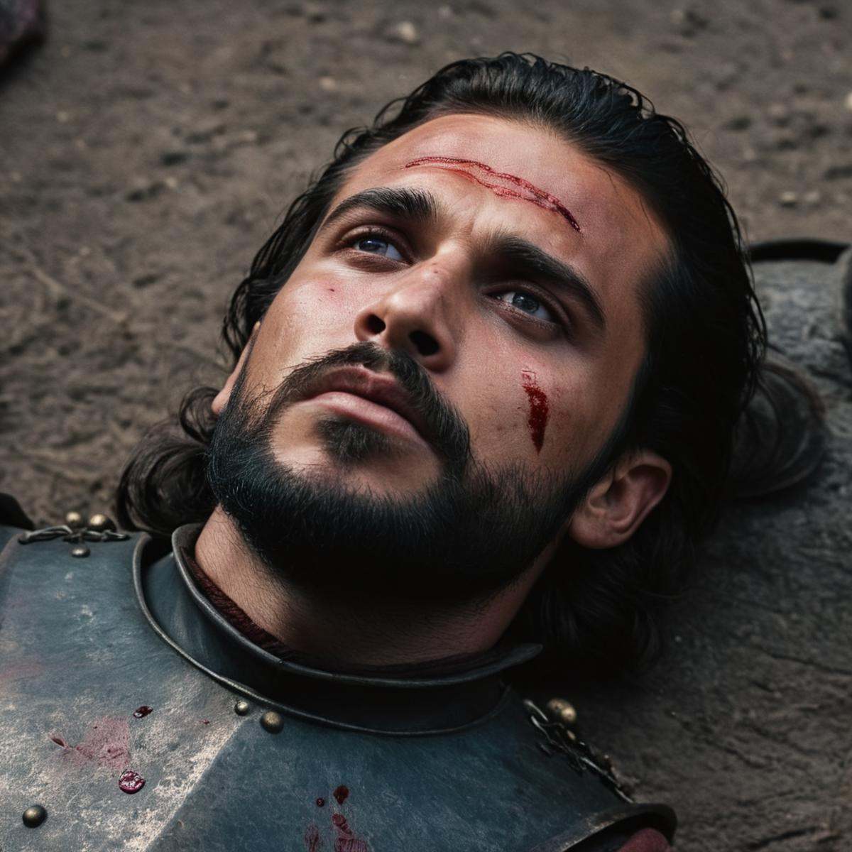 cinematic film still of In medieval times war a man with a bloody face and a beard,  solo,  black hair on Tensor.Art