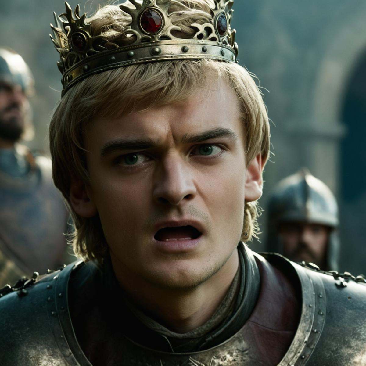 cinematic film still of In medieval times Jack Gleeson Joffrey Baratheon a man in a crown is holding his throat,  solo,  s...