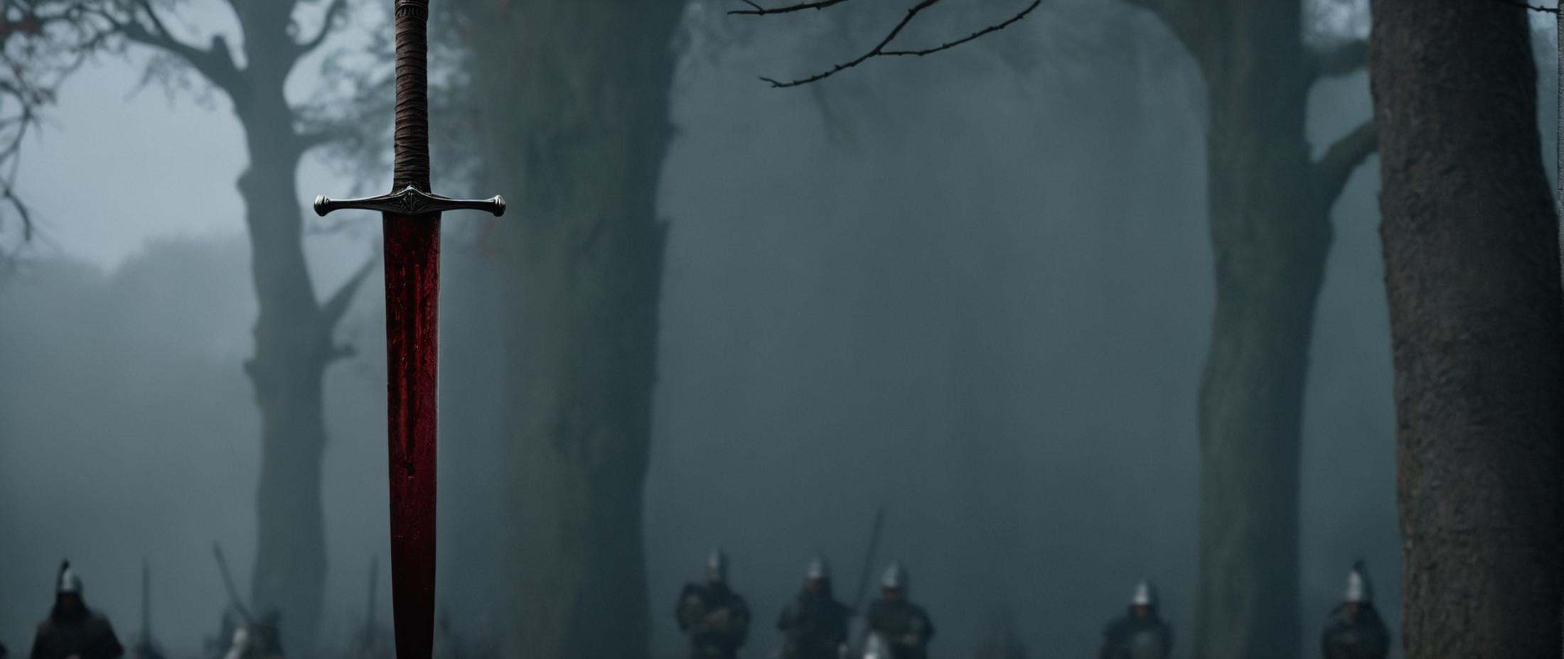 cinematic film still of In medieval times war a sword with blood dripping from it hanging from a tree,  food,  blurry on T...