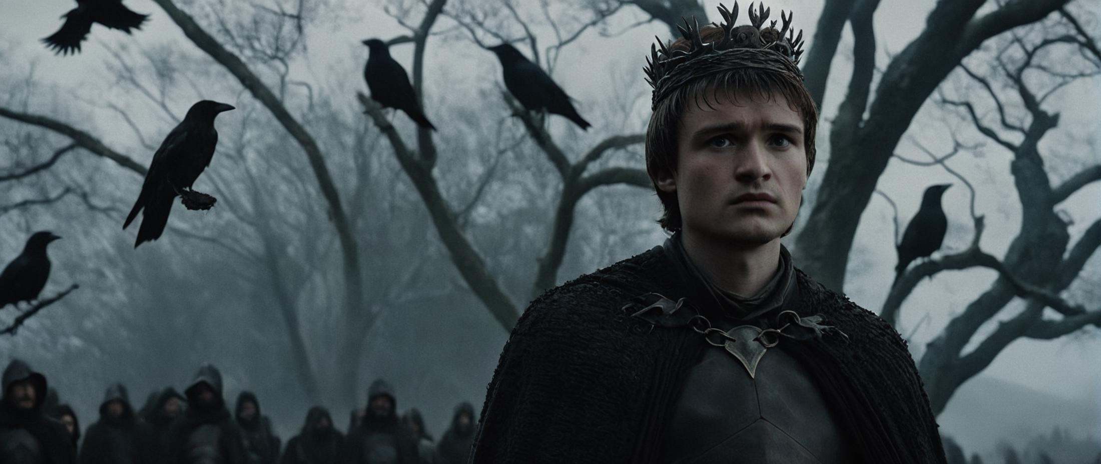 cinematic film still of Film Grain style Chiaroscuro Lighting styleIn medieval times Isaac Hempstead Wright Bran Stark a m...