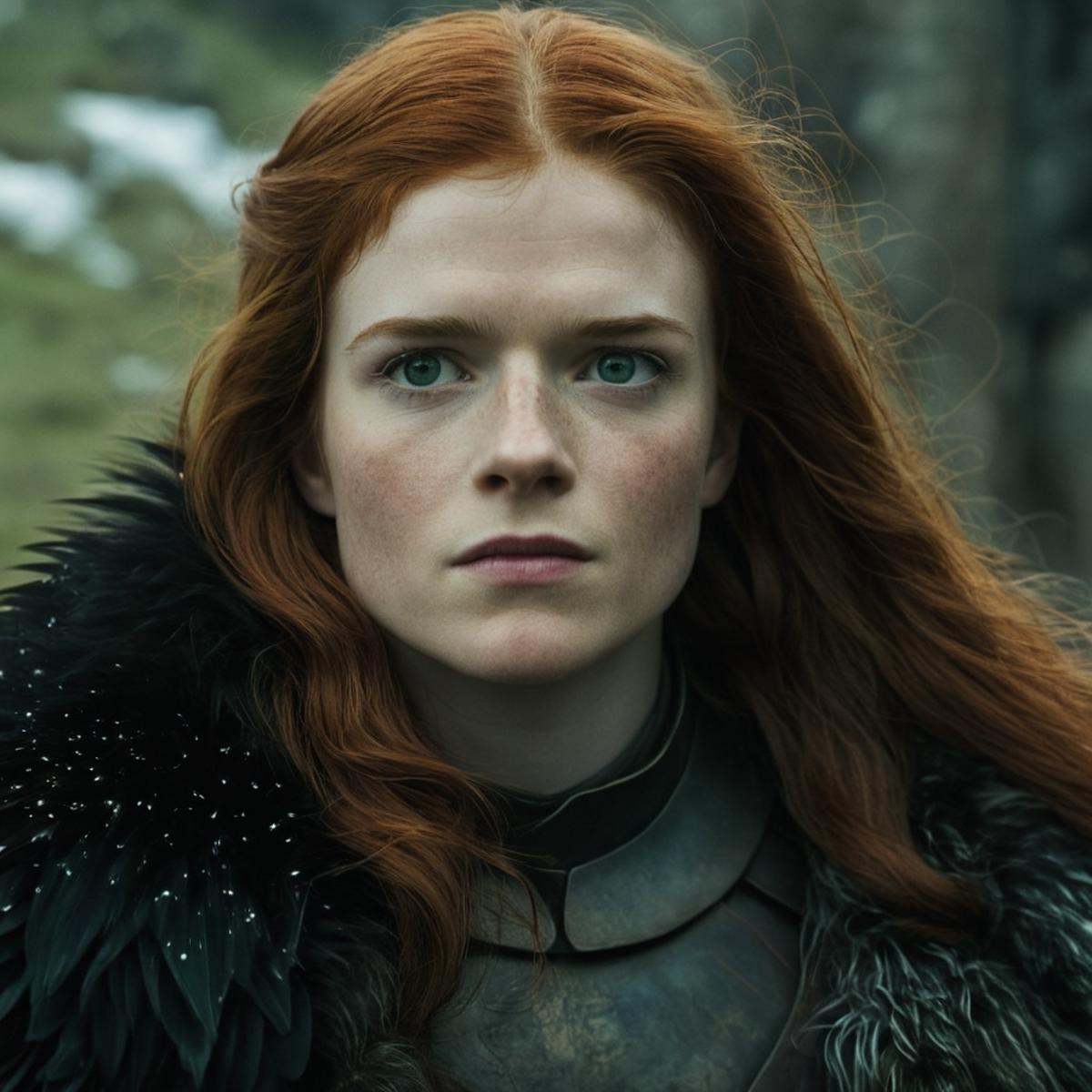 cinematic film still of In medieval times Rose Leslie Ygritte a woman with red hair and a fur coat,  1girl,  solo on Tenso...