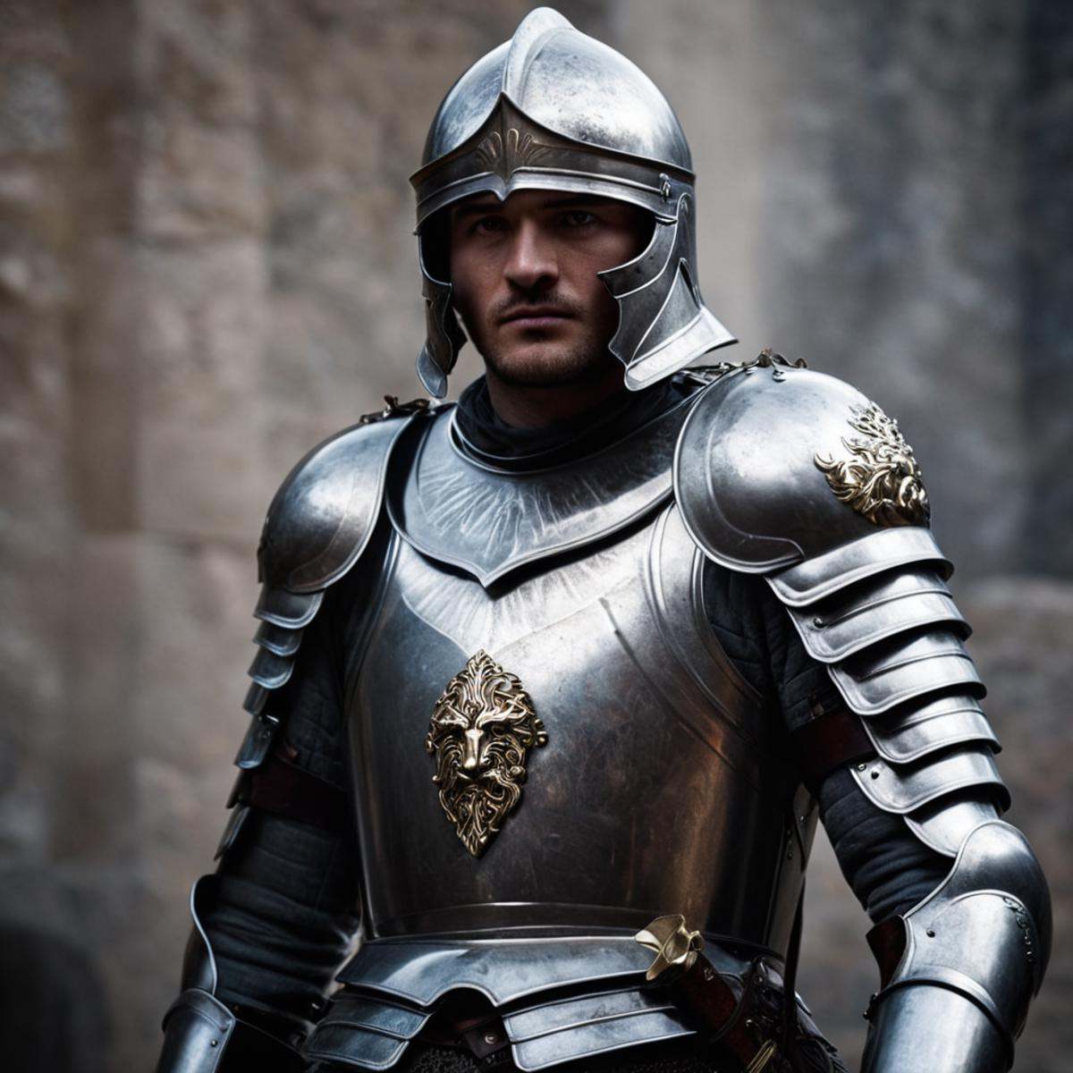 cinematic film still of In medieval times weapons a silver and gold armor suit on a stand,  solo,  simple background on Te...