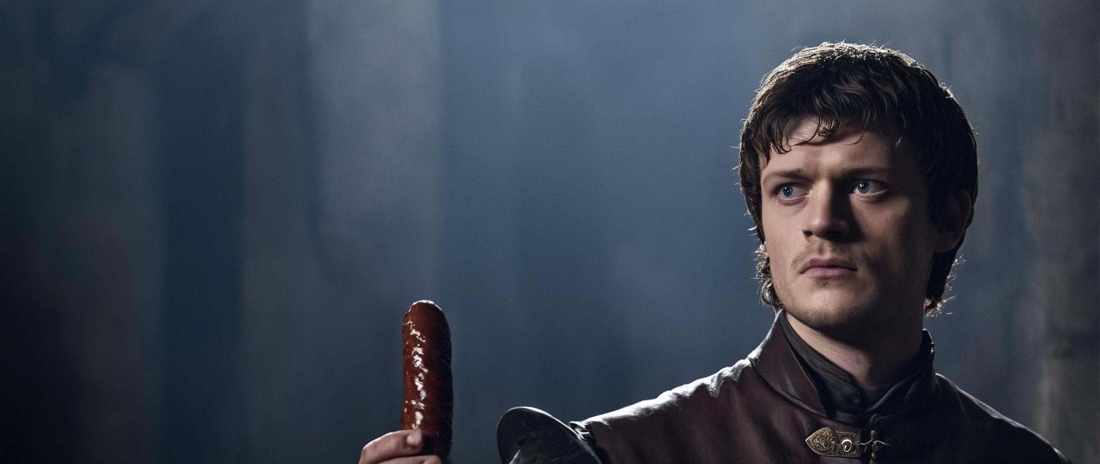 cinematic film still of Film Grain style Chiaroscuro Lighting styleIn medieval times Iwan Rheon Ramsay Bolton a man holdin...
