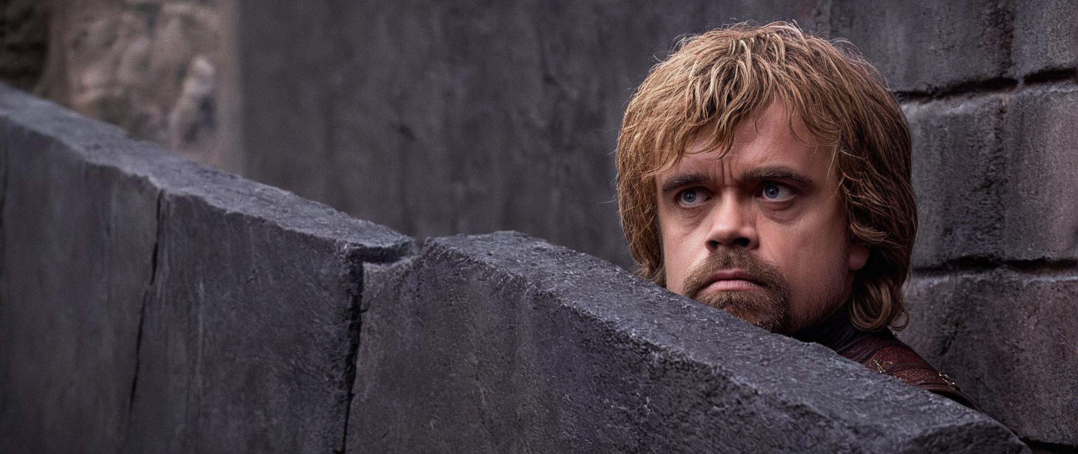 cinematic film still of Film Grain style Chiaroscuro Lighting styleIn medieval times Peter Dinklage Tyrion Lannister a dwa...