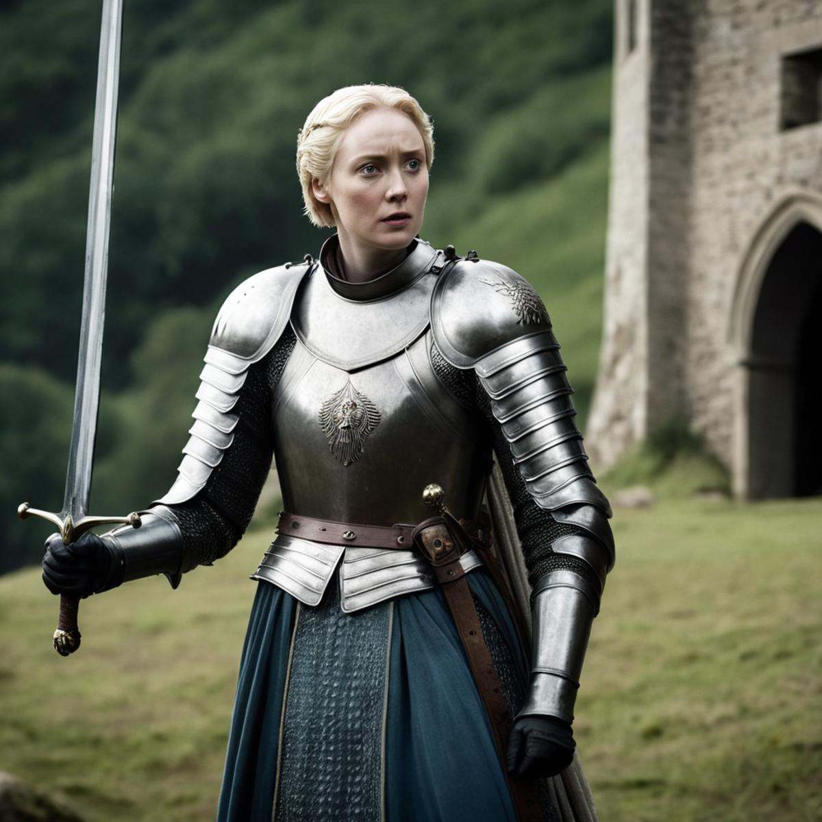cinematic film still of In medieval times Gwendoline Christie Brienne of Tarth a tall woman in a medieval dress holding a...
