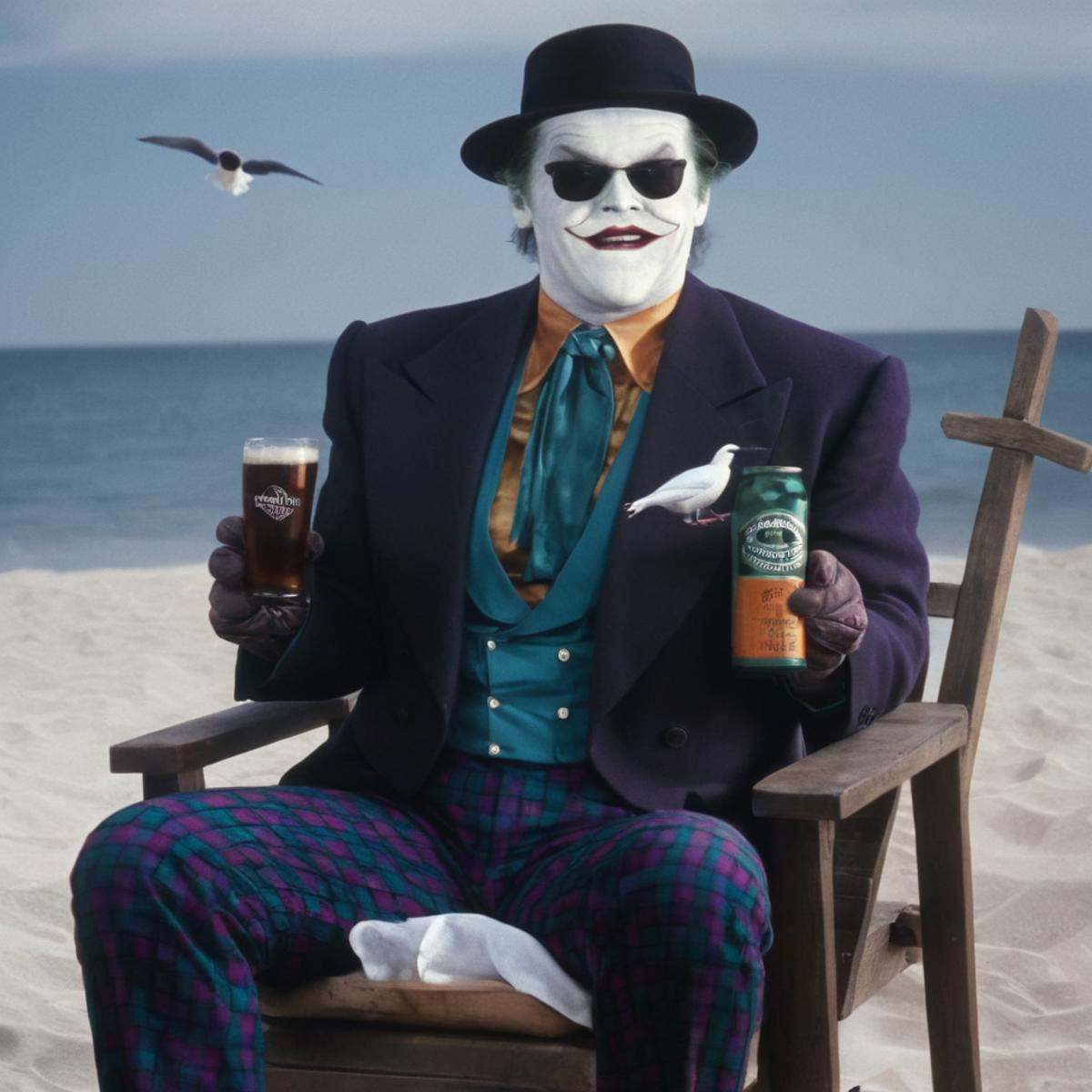 Horror-themed,  Jack Nicholson Joker 89 gangster a man in a suit and tie sitting on a chair with a bottle of beer at beach...