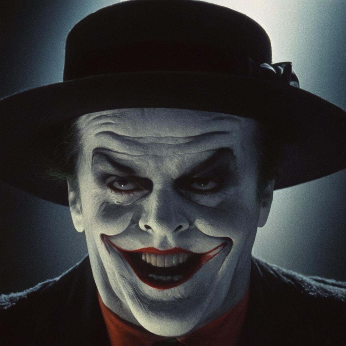 Horror-themed,  Jack Nicholson Joker 89 gangster a man with a white face and a red nose,  solo on Tensor.Art