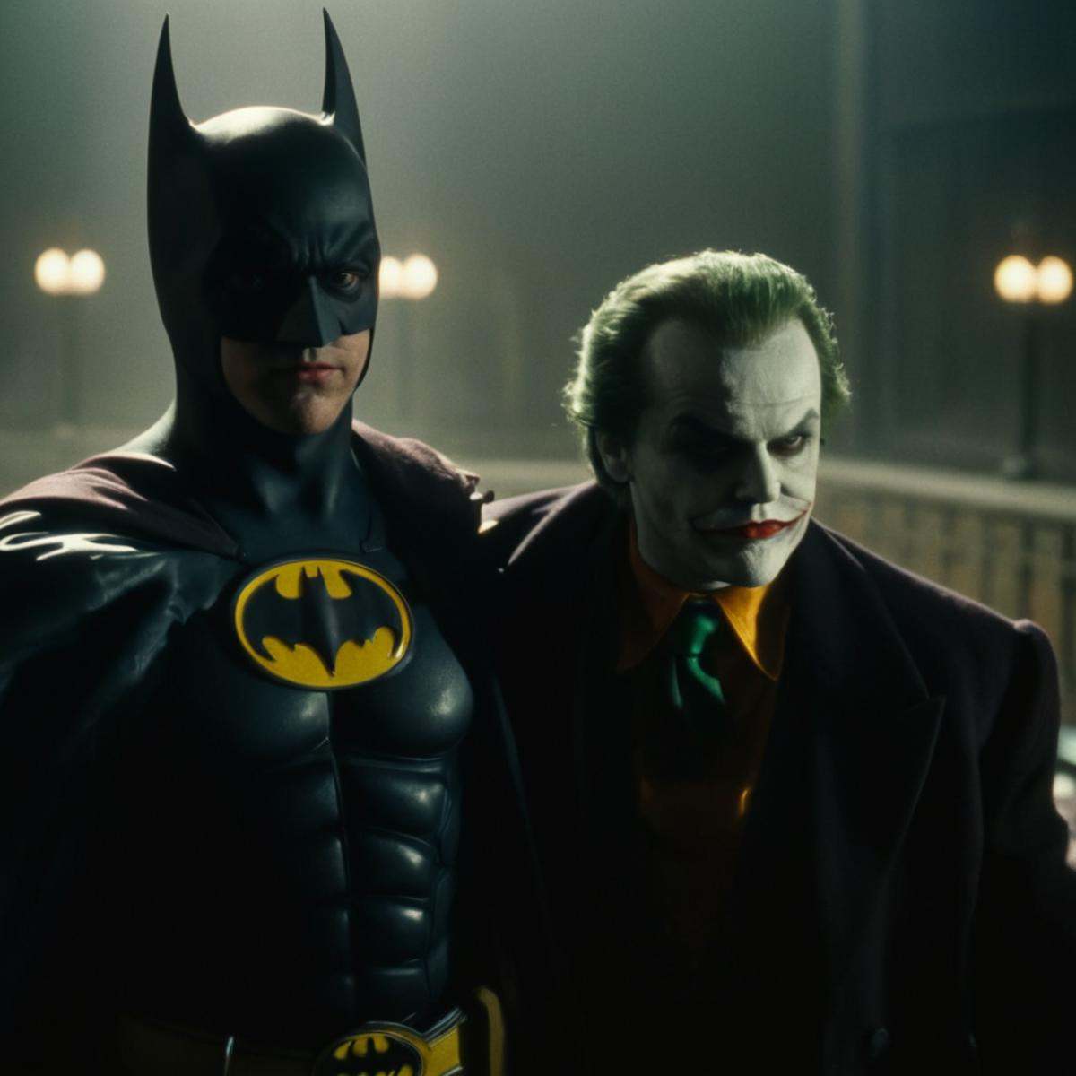 cinematic film still of Horror-themed,  a duel between batman 1989 and joker 89,  shallow depth of field on Tensor.Art