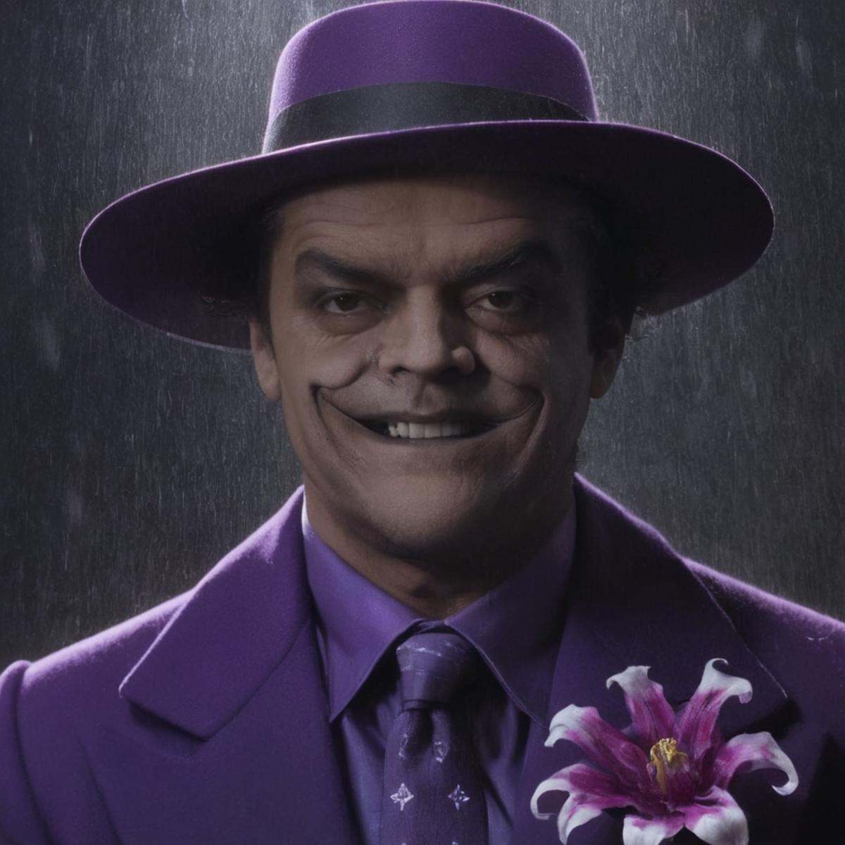 Horror-themed,  Jack Nicholson gangster2 a man in a purple artist hat3 and purple jacket,  solo on Tensor.Art