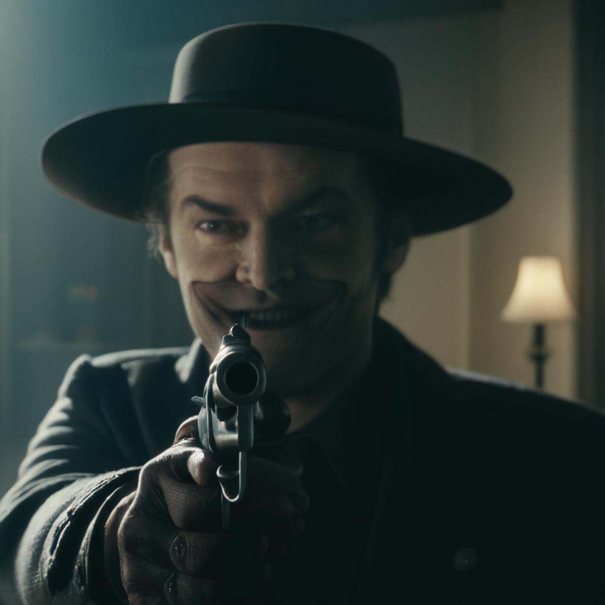 cinematic film still of Horror-themed,  a man with a creepy smile and a gun aiming at viewers,  shallow depth of field on...