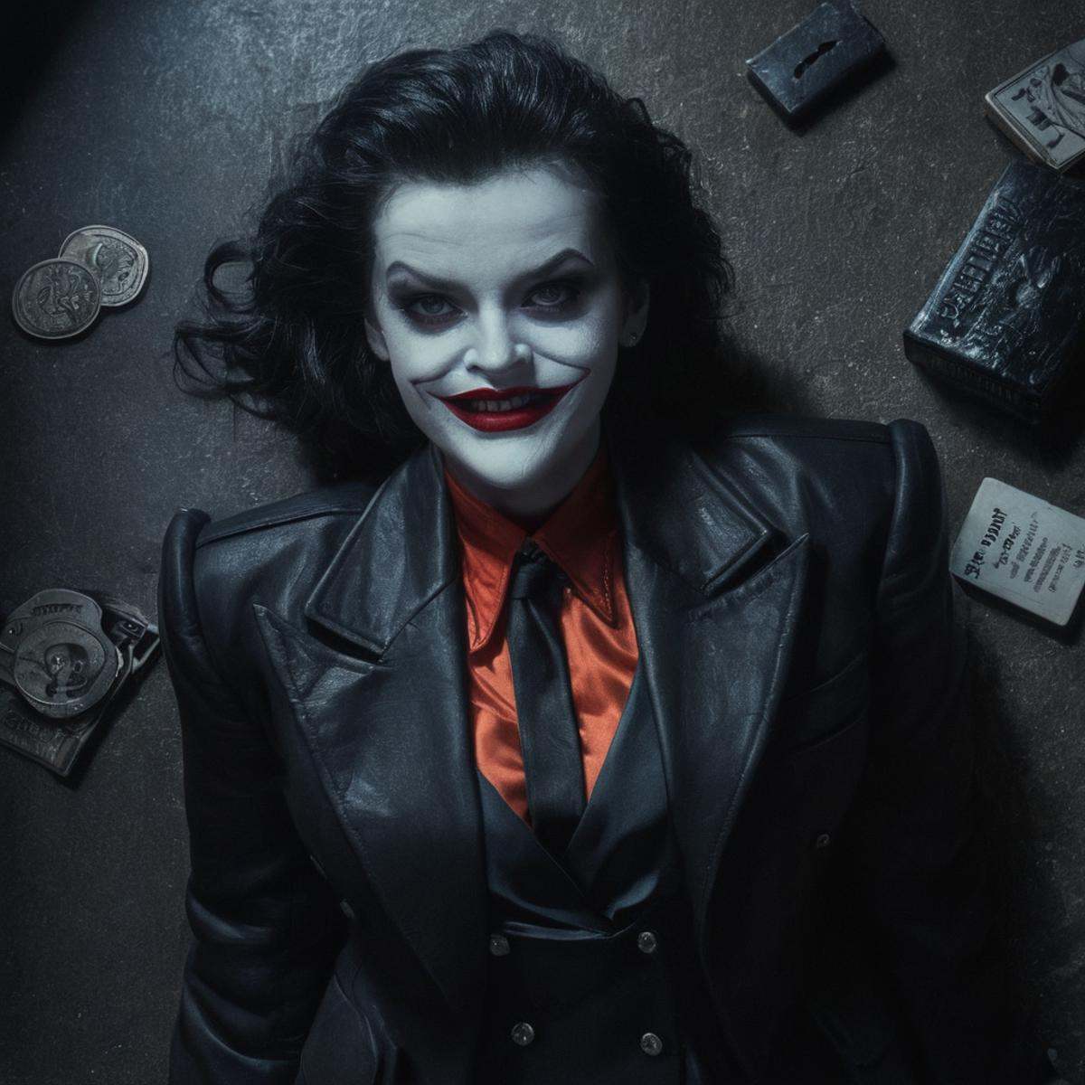 Horror-themed,  From above,  gangster a woman with a creepy smile on her face on Tensor.Art