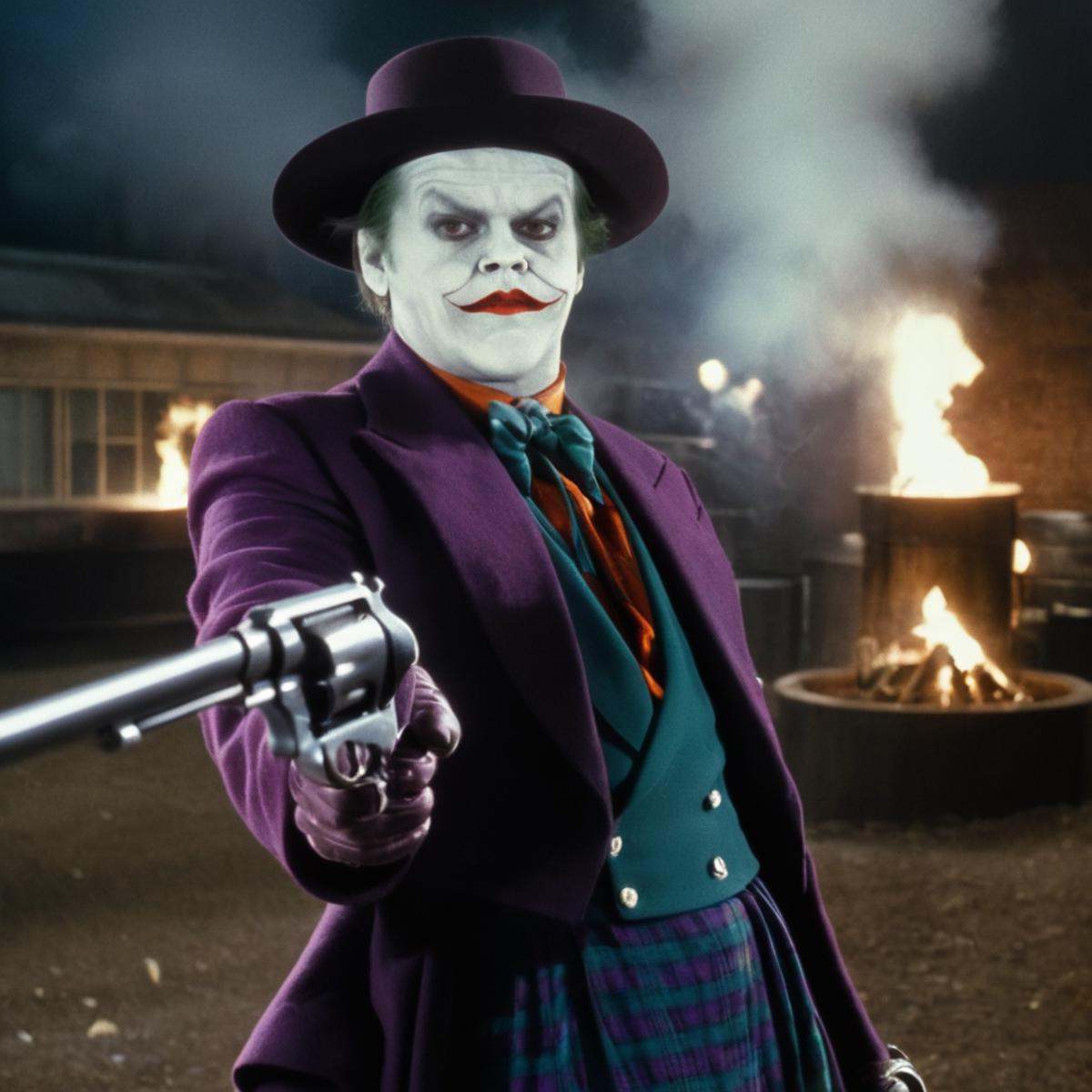 cinematic film still of Horror-themed,  Jack Nicholson Joker 89 gangster a man dressed as the joker holding a very big rev...
