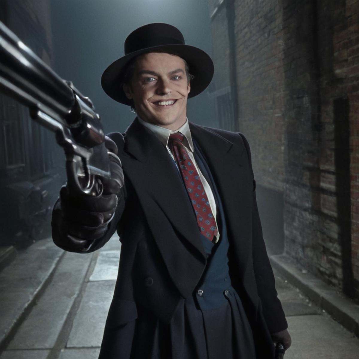Horror-themed,  Young Jack Napier (as Hugo E. Blick) gangster a man in a suit holding a gun,  solo on Tensor.Art