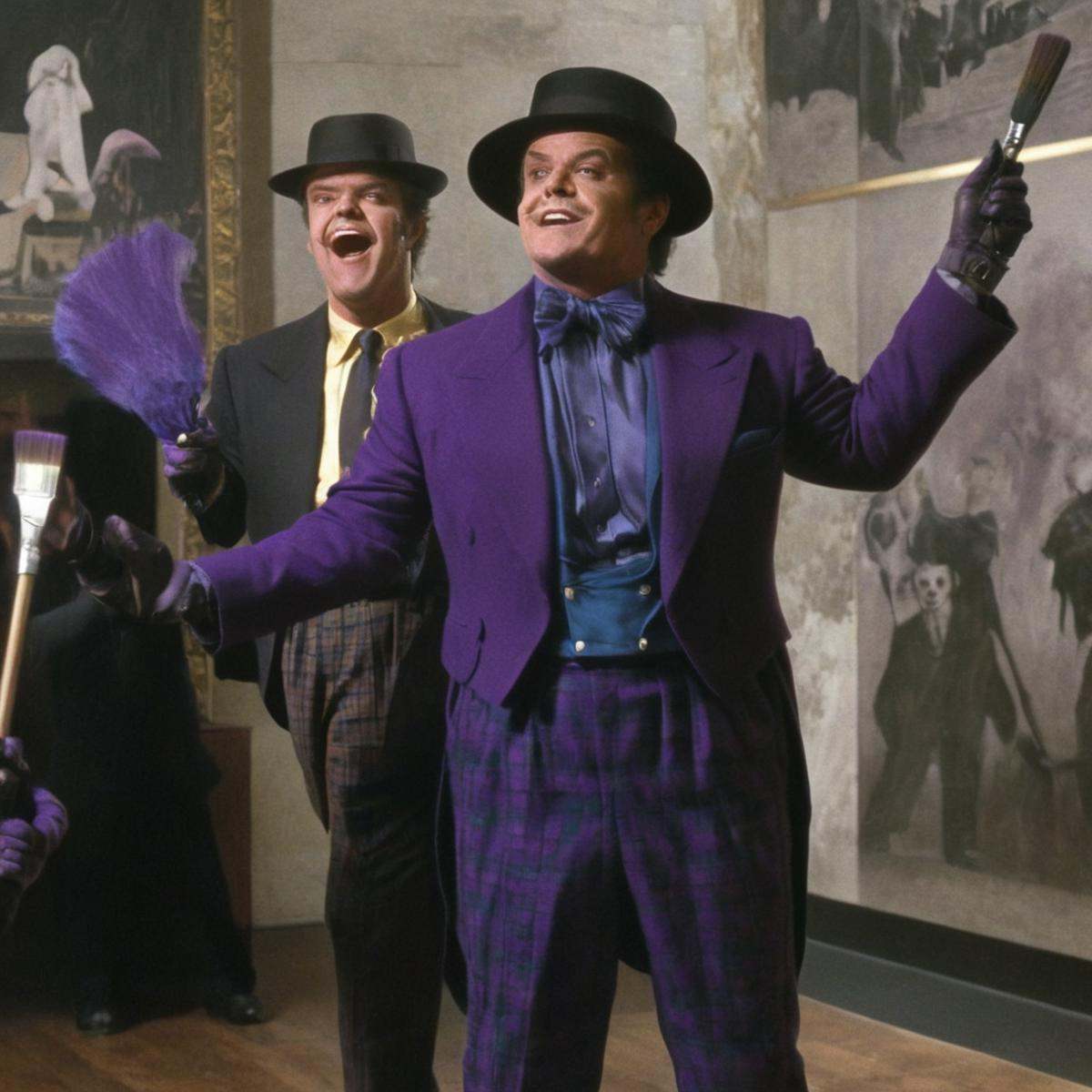 Horror-themed,  Jack Nicholson gangster2 a man in a purple jacket and a purple artist hat3 holding a paint brush dancing i...