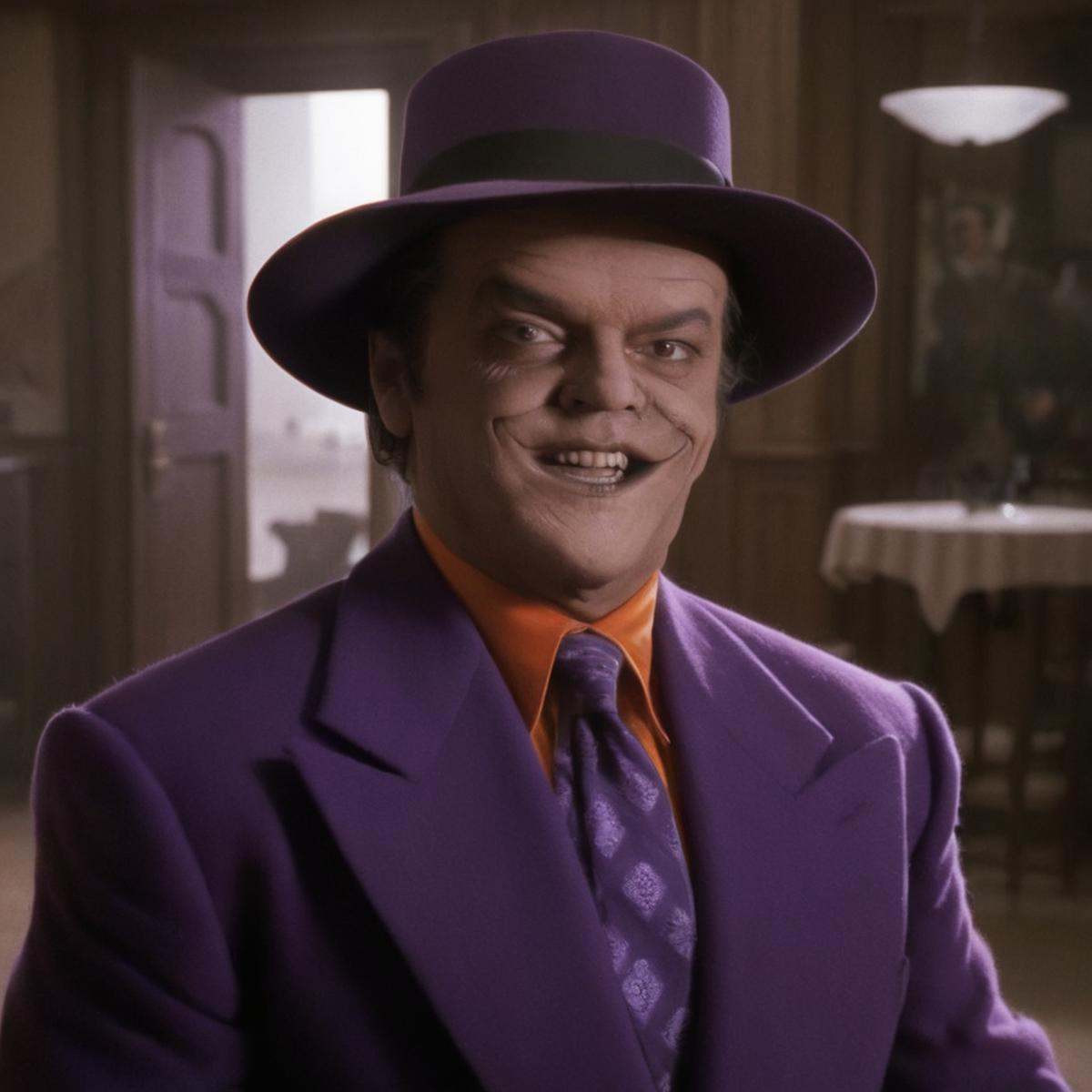 Horror-themed,  Jack Nicholson gangster2 a man in a purple suit and orange tie,  solo on Tensor.Art