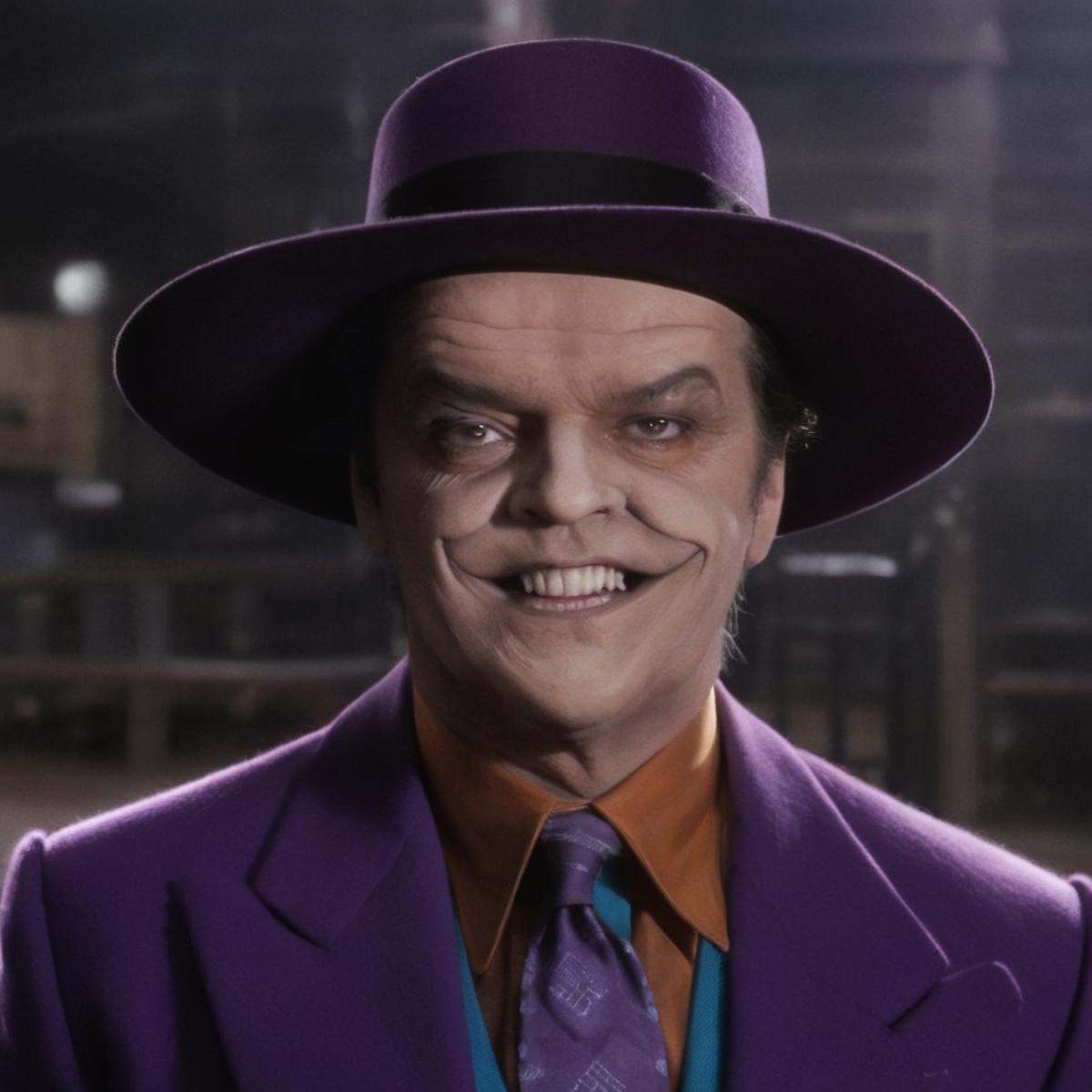 Horror-themed,  Jack Nicholson gangster2 a man in a purple suit and a purple hat,  solo on Tensor.Art