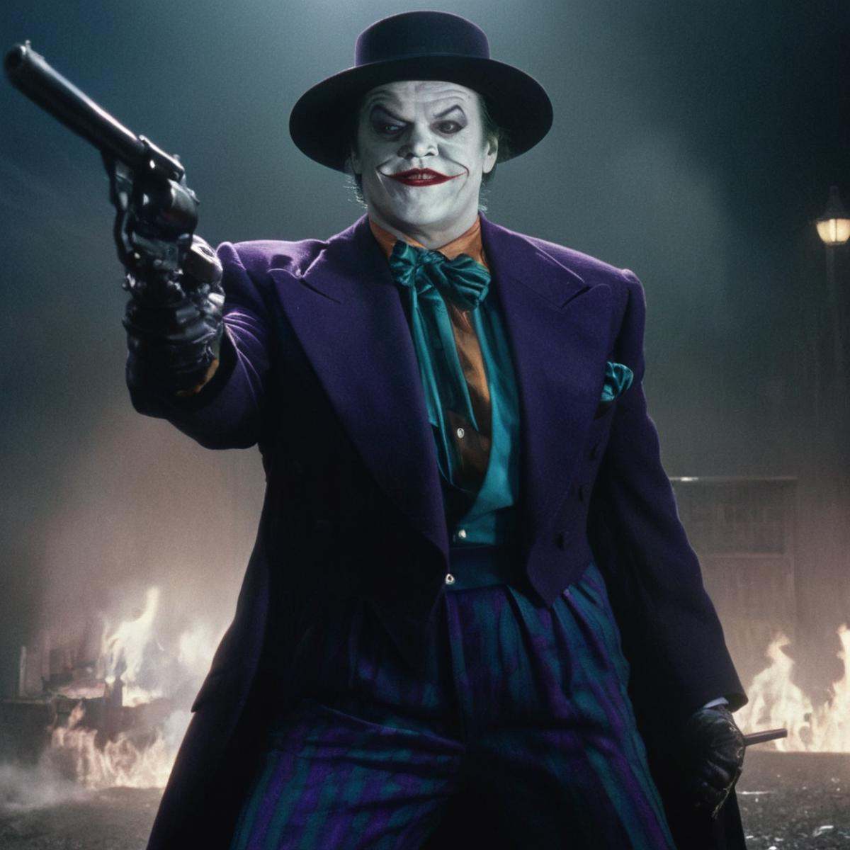 Horror-themed,  Jack Nicholson Joker 89 gangster a man dressed as the joker holding a gun,  solo on Tensor.Art