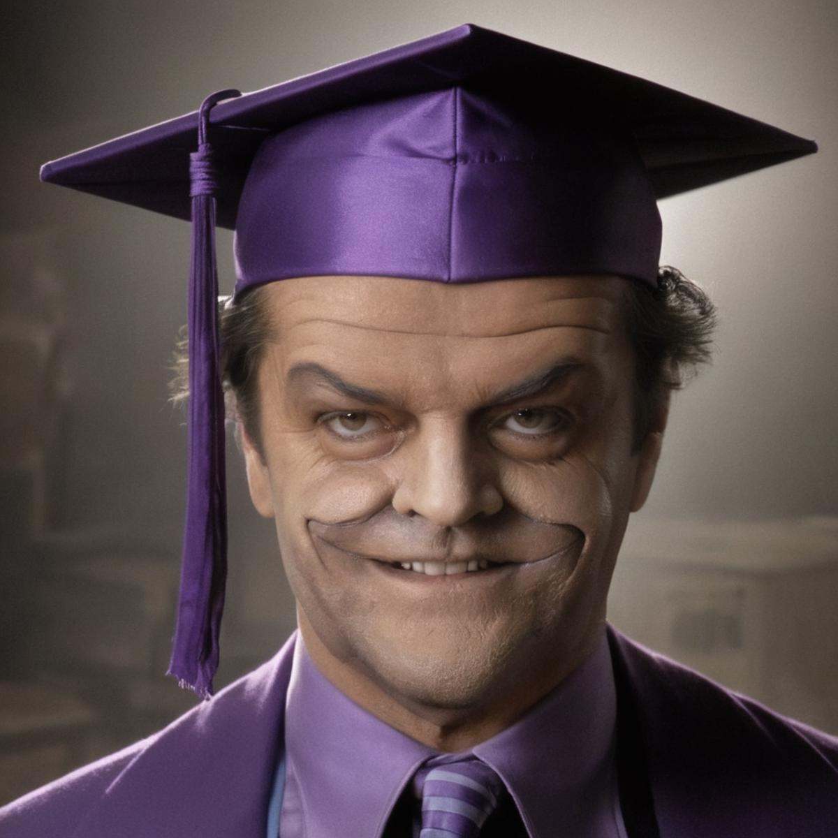 Horror-themed,  Jack Nicholson gangster2 a man in a purple graduation artist cap3 and tie,  solo on Tensor.Art