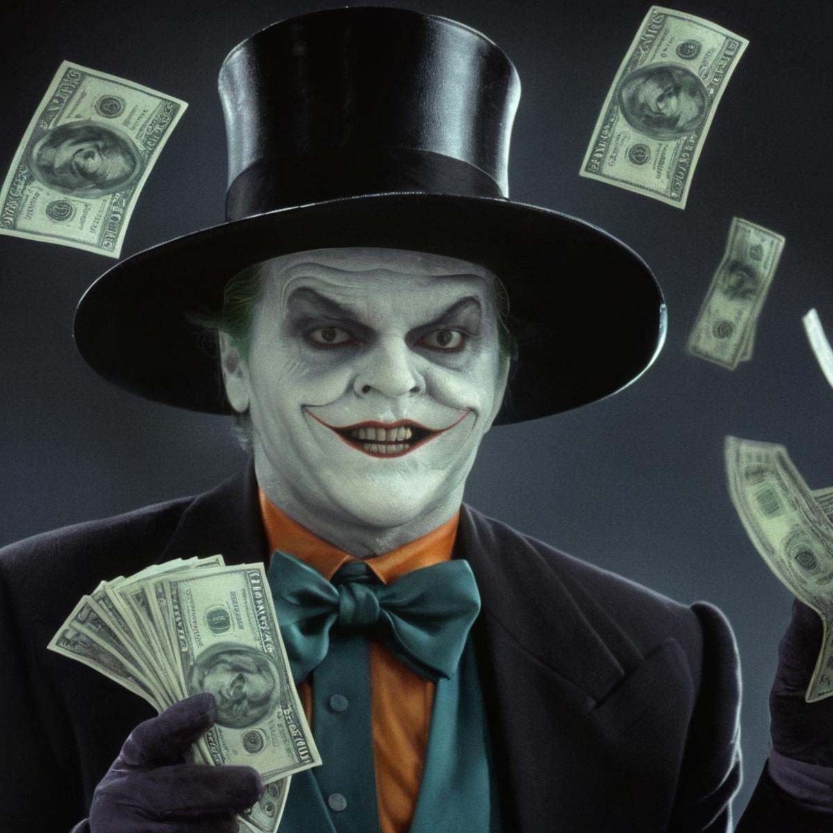 Horror-themed,  Jack Nicholson Joker 89 gangster a man dressed as a joker holding stack of money,  solo on Tensor.Art