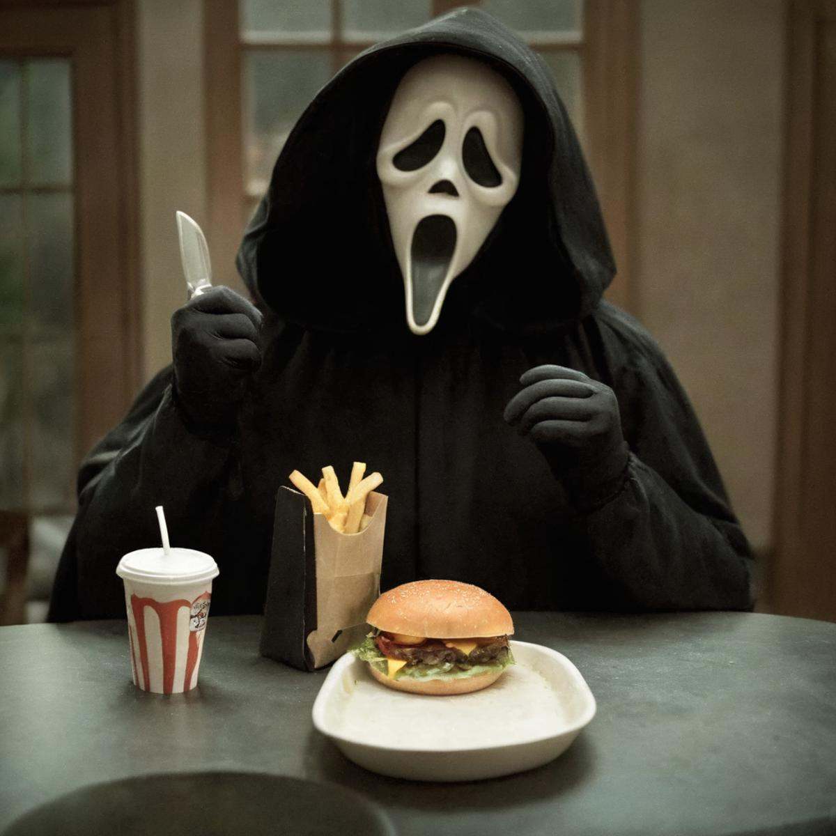 cinematic film still of Chiaroscuro Lighting Style Ghostface a person in a ghost mask eating a sandwich,  scream horror mo...
