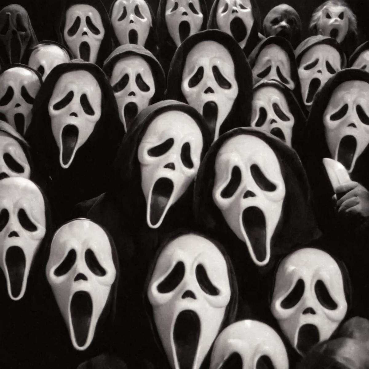cinematic film still of Chiaroscuro Lighting Style Ghostface a group of cartoon characters with faces and masks,  scream h...